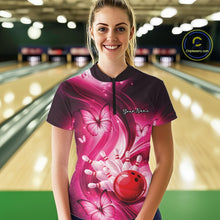 Load image into Gallery viewer, Custom Pink Butterfly Bowling Women Quarter-Zip Shirts, Team Tournament Bowlers Outfit IPHW11112