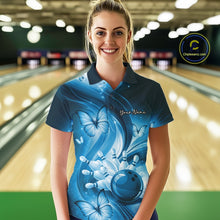 Load image into Gallery viewer, Custom Blue Butterfly Bowling Women Polo Shirts, Team Tournament Bowlers Outfit IPHW11113