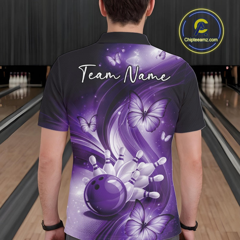Back view of a purple bowling polo featuring bowling pins, a bowling ball, and butterfly-inspired details.