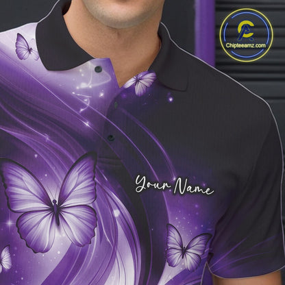 Close-up of the left chest on a purple bowling polo displaying bowling strike artwork with butterflies.