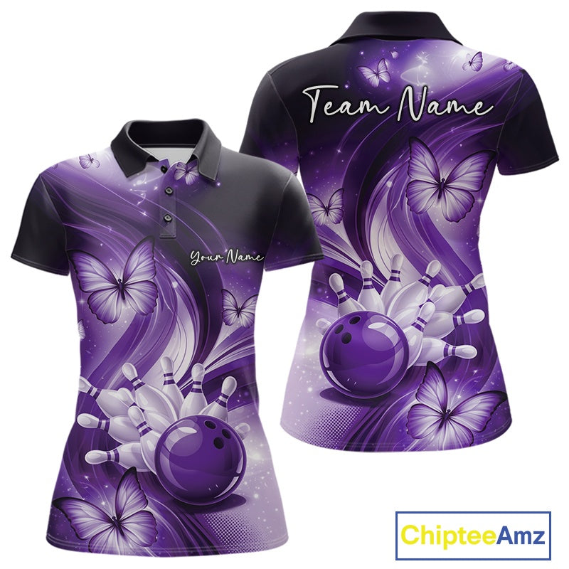 Front and back views of a purple womens bowling polo featuring a bowling ball hitting pins with decorative butterflies.
