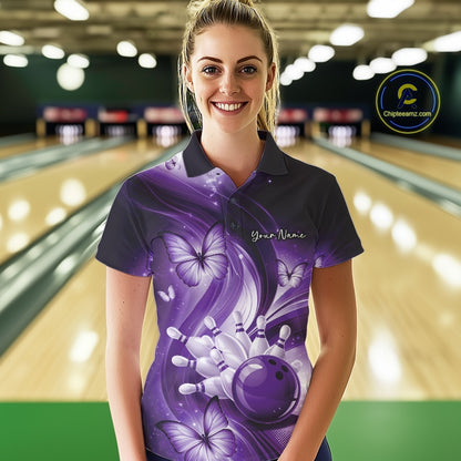 Female model wearing a purple bowling polo in a bowling alley with bowling action artwork and butterfly accents.