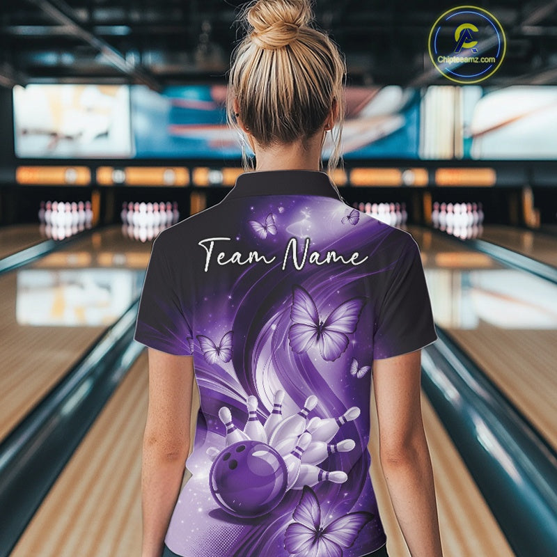 Back view of a purple bowling polo showcasing bowling-themed graphics with butterflies.