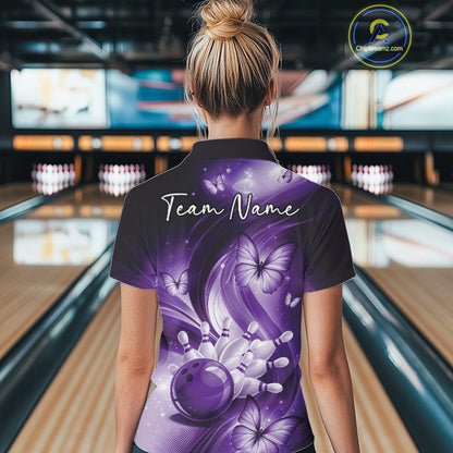 Back view of a purple bowling polo showcasing bowling-themed graphics with butterflies.