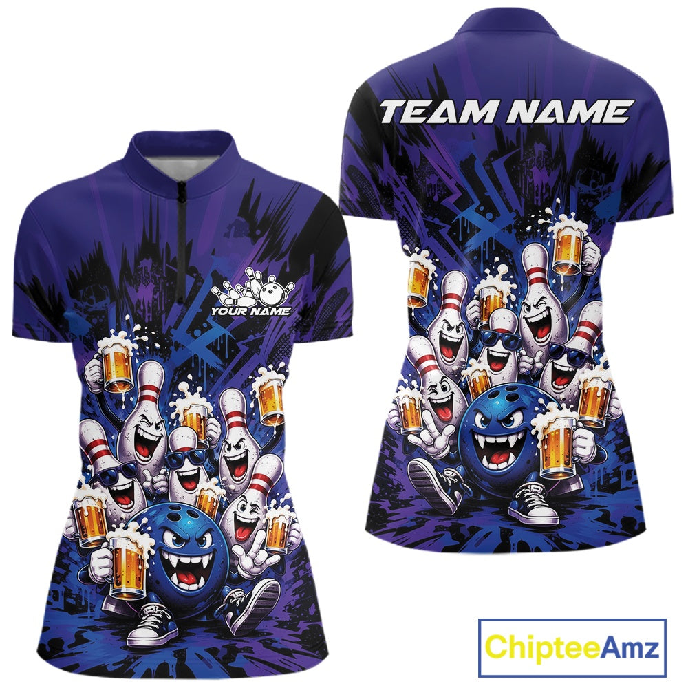 Front and back view of a blue and purple women's bowling quarter-zip shirt showcasing funny bowling pins and a bowling ball holding frothy beer mugs in a fun cartoon-style bowling design.