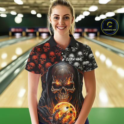 Custom Skull Bowling Mens Polo Shirts Bowling League Team Jerseys Bowling Halloween Outfits IPHW5346