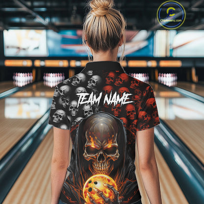 Custom Skull Bowling Womens Quarter Zip Shirts Bowling Team Jerseys Halloween Outfits IPHW5346