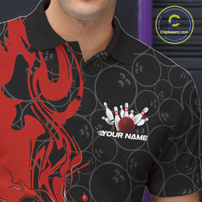 Custom Red Orange Fire Flame Bowling Team Men Polo Shirts, Bowling League Shirt IPHW10184