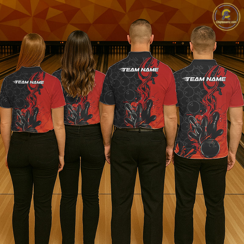 Custom Red Orange Fire Flame Bowling Team Men Polo Shirts, Bowling League Shirt IPHW10184
