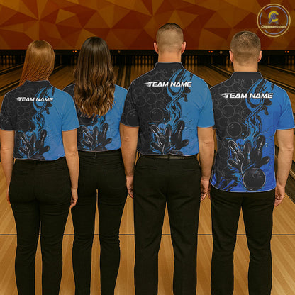Custom Black And Blue Fire Flame Bowling Team Men Polo Shirts, Bowling League Shirt IPHW10185