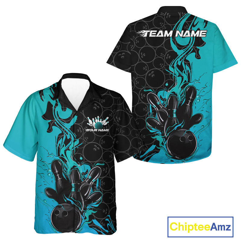 Custom Black And Blue Fire Flame Bowling Team Men And Women Hawaiian Shirts, Bowling League Shirt IPHW10186
