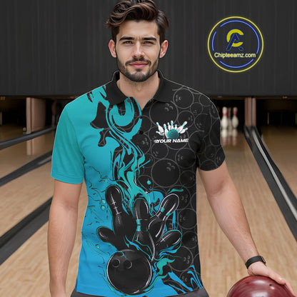 Custom Black And Blue Fire Flame Bowling Team Men Polo Shirts, Bowling League Shirt IPHW10186