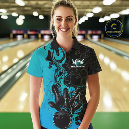 Custom Black And Blue Fire Flame Bowling Team Women Polo Shirts, Bowling League Shirt IPHW10186