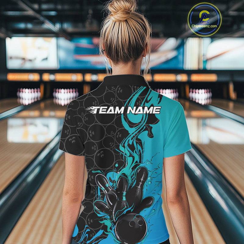 Custom Black And Blue Fire Flame Bowling Team Women Polo Shirts, Bowling League Shirt IPHW10186