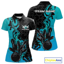 Load image into Gallery viewer, Custom Black And Blue Fire Flame Bowling Team Women Polo Shirts, Bowling League Shirt IPHW10186
