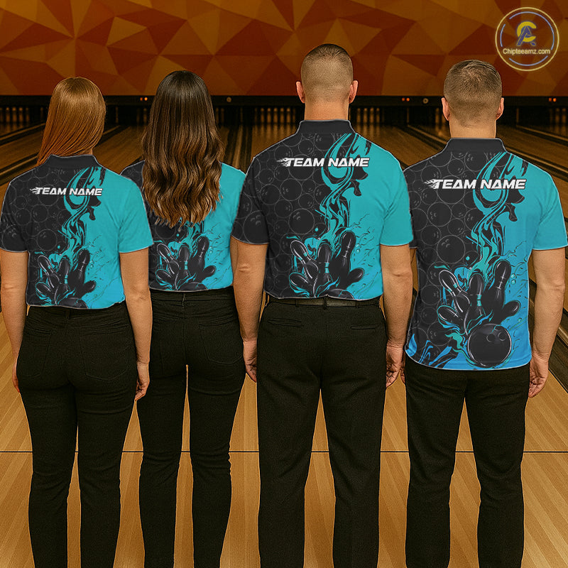 Custom Black And Blue Fire Flame Bowling Team Men Polo Shirts, Bowling League Shirt IPHW10186