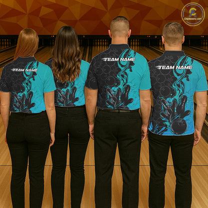 Custom Black And Blue Fire Flame Bowling Team Men Polo Shirts, Bowling League Shirt IPHW10186