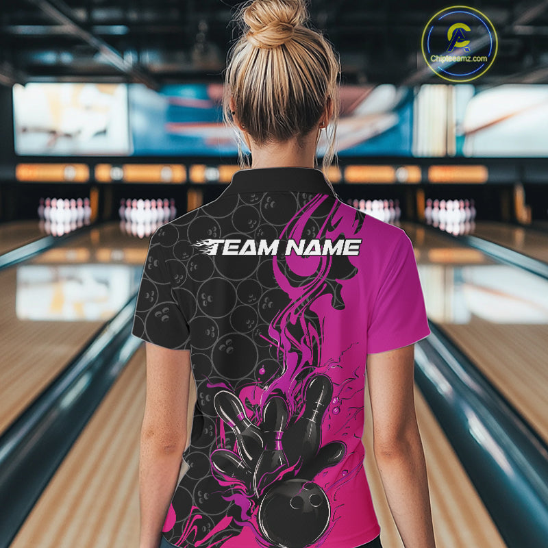Custom Pink Purple Fire Flame Bowling Team Women Polo Shirts, Bowling League Shirt IPHW10187