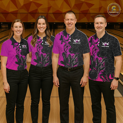 Custom Pink Purple Fire Flame Bowling Team Men Polo Shirts, Bowling League Shirt IPHW10187