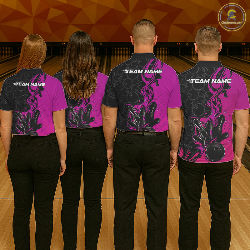 Custom Pink Purple Fire Flame Bowling Team Men Polo Shirts, Bowling League Shirt IPHW10187