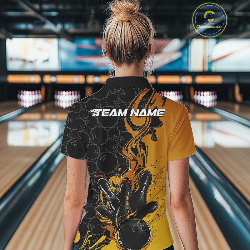 Custom Black And Gold Flame Bowling Team Women Polo Shirts, Yellow Bowling League Shirt IPHW10188