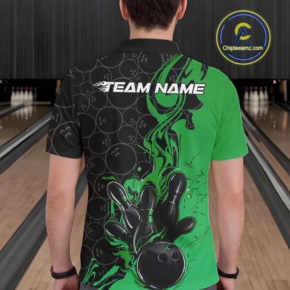 Custom Black And Green Flame Bowling Team Men Polo Shirts, Bowling League Shirt IPHW10189