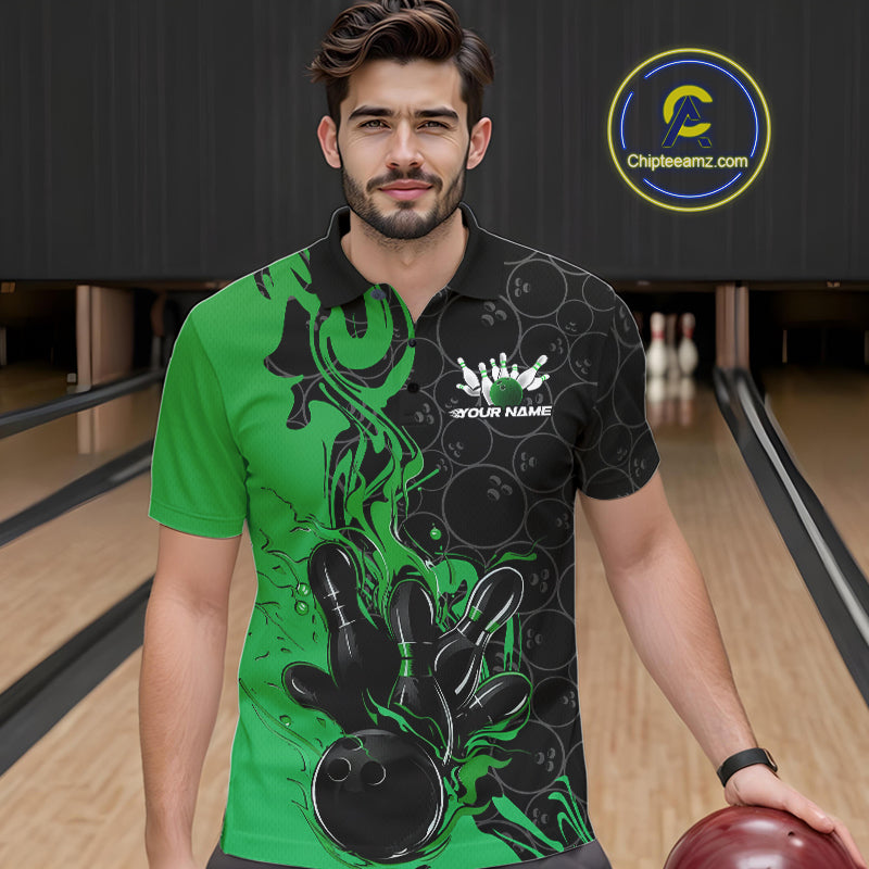 Custom Black And Green Flame Bowling Team Men Polo Shirts, Bowling League Shirt IPHW10189