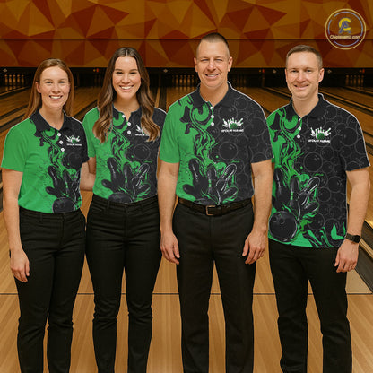 Custom Black And Green Flame Bowling Team Men Polo Shirts, Bowling League Shirt IPHW10189