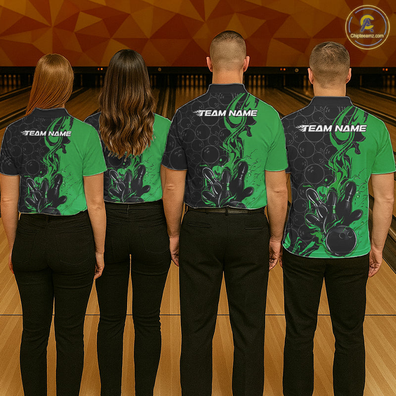 Custom Black And Green Flame Bowling Team Men Polo Shirts, Bowling League Shirt IPHW10189