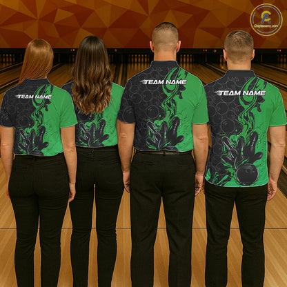 Custom Black And Green Flame Bowling Team Men Polo Shirts, Bowling League Shirt IPHW10189