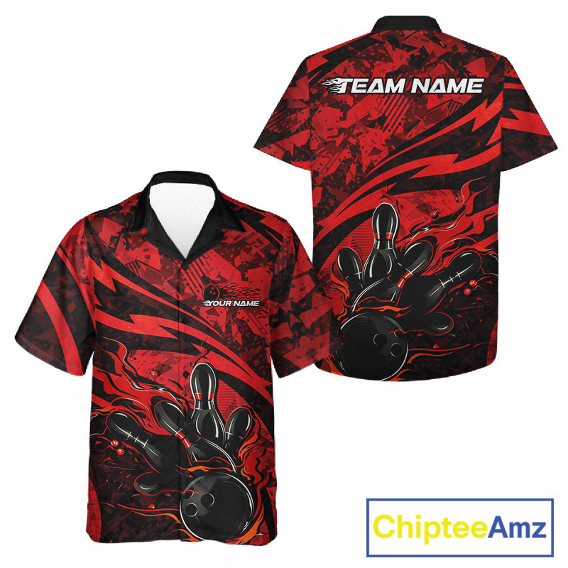 Custom Red Camo Flame Bowling Men And Women Hawaiian Shirts, Camouflage Bowling Team Jerseys IPHW10344