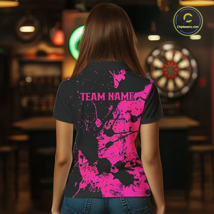 Custom Name Black And Pink Splatter Darts Shirts For Women, Dart Team League Shirts IPHW10622