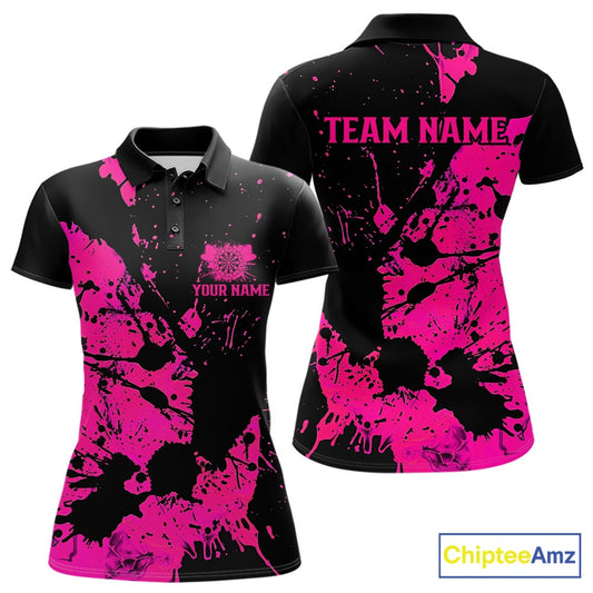 Custom Name Black And Pink Splatter Darts Shirts For Women, Dart Team League Shirts IPHW10622