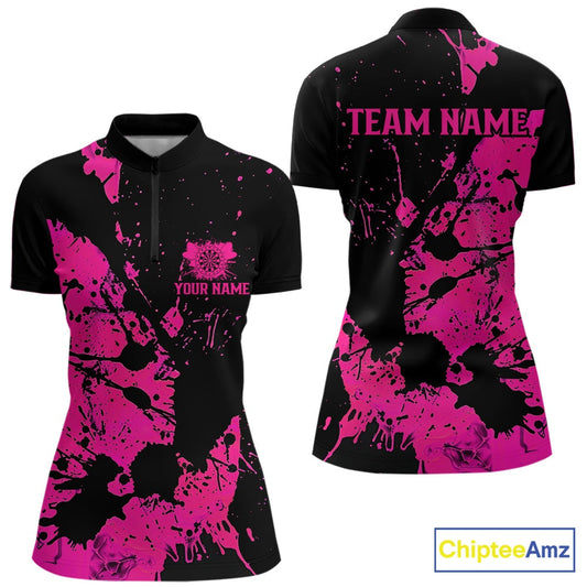 Custom Name Black And Pink Splatter Darts Shirts For Women, Dart Team League Shirts IPHW10622