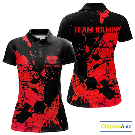 Custom Name Black And Red Splatter Darts Shirts For Women, Dart Team League Shirts IPHW10623