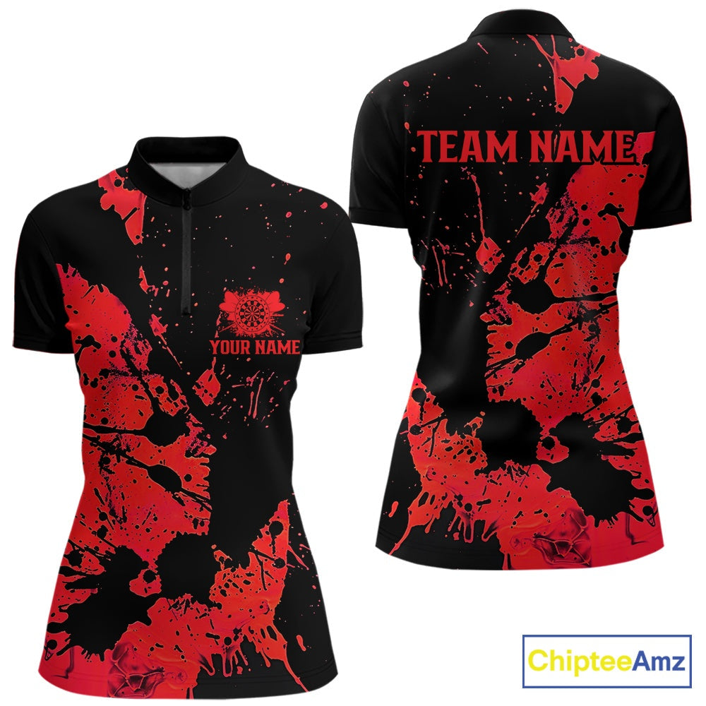 Custom Name Black And Red Splatter Darts Shirts For Women, Dart Team League Shirts IPHW10623