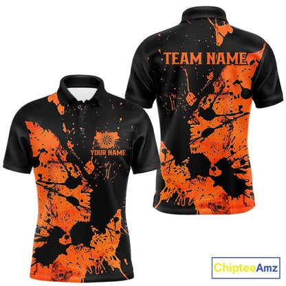 Custom Name Black And Orange Splatter Darts Shirts For Men, Dart Team League Shirts IPHW10624