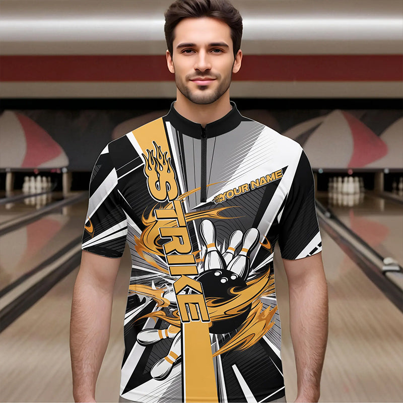 Custom Black And Yellow Strike Bowling Men Quarter-Zip Shirts, Bowling Team League Shirt With Name IPHW8759