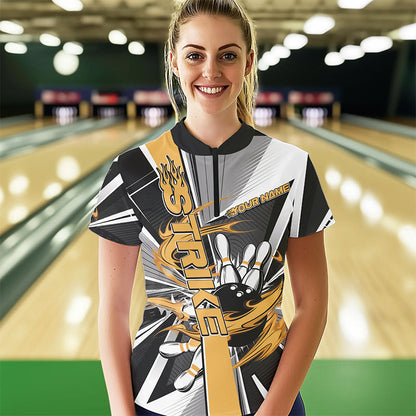 Custom Black And Yellow Strike Bowling Women Quarter-Zip Shirts, Bowling Team Uniform IPHW8759