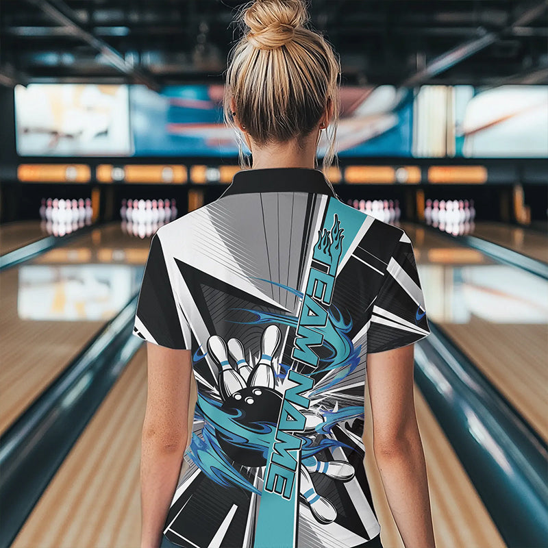 Custom Black And Blue Strike Bowling Women Quarter-Zip Shirts, Bowling Team League Shirt IPHW8760