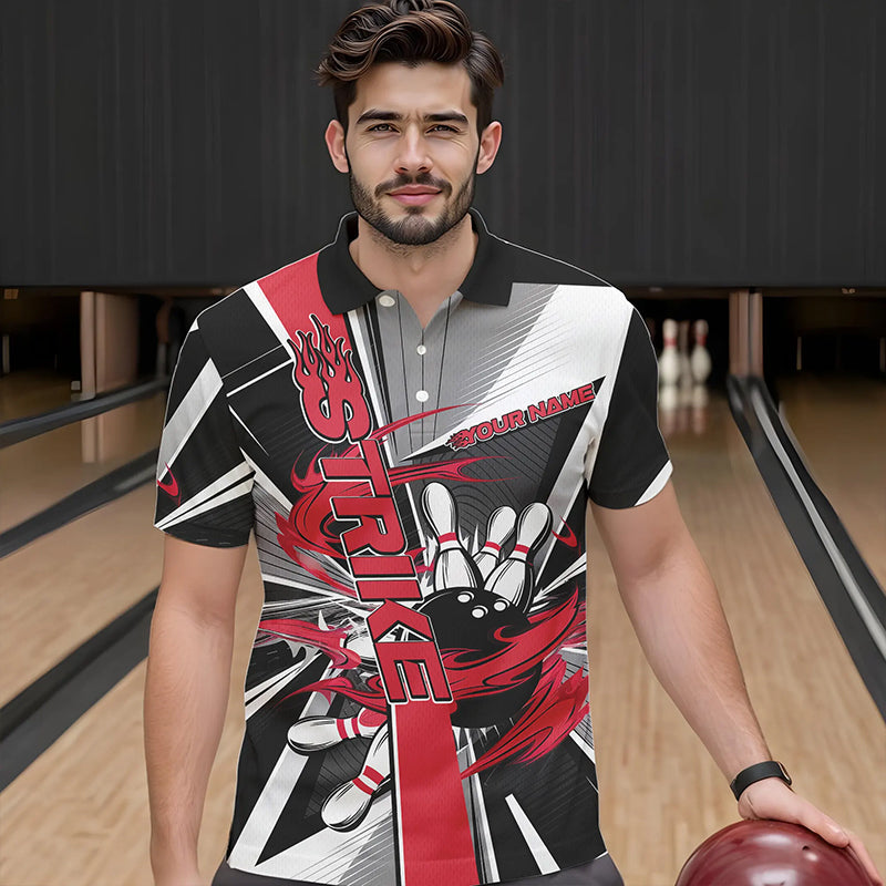 Custom Black And Red Strike Bowling Men Polo Shirts, Bowling Team League Shirt With Name IPHW8761