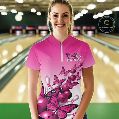 Custom Pink Gradient Butterfly Bowling Women Quarter-Zip Shirt Team, Bowling League Shirt IPHW9005