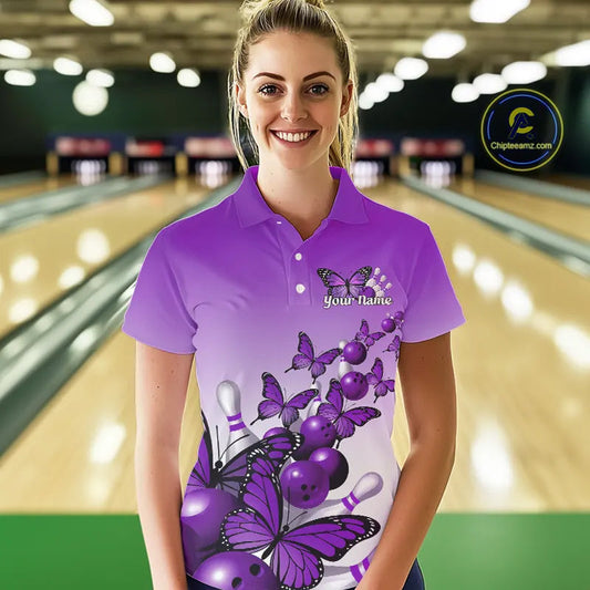 Custom Purple Gradient Butterfly Bowling Women Polo Shirts For Team, Bowling League Shirt IPHW9006