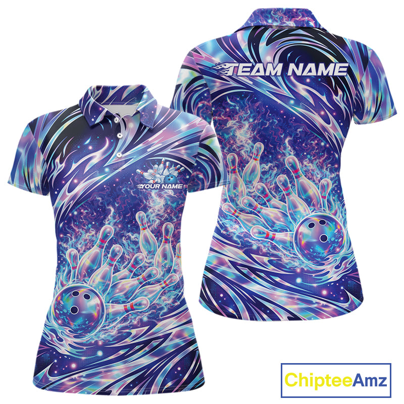 Front and back view women’s polo shirt mockup featuring galaxy style bowling ball striking pins cosmic sports artwork