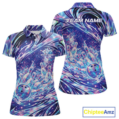 Front and back view women’s polo shirt mockup featuring galaxy style bowling ball striking pins cosmic sports artwork