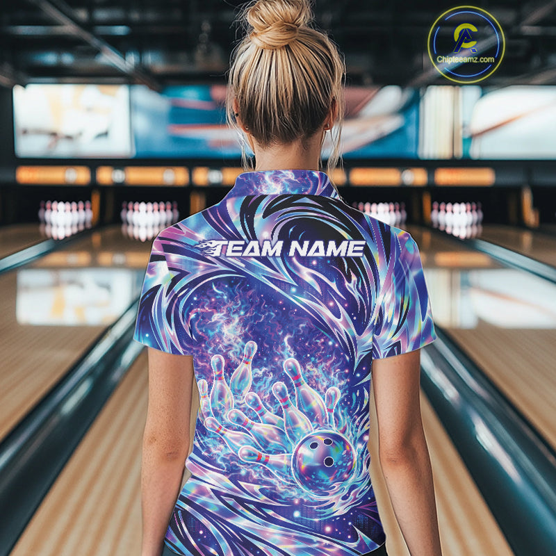 Back view female model in bowling lane wearing polo shirt with galaxy bowling ball striking pins cosmic bowling illustration