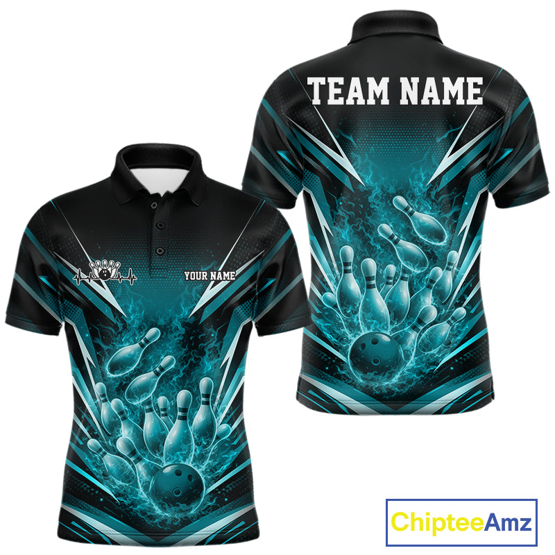 Front and back views of a black and turquoise blue bowling polo with flaming bowling ball artwork striking pins.