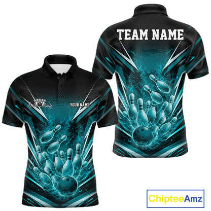 Front and back views of a black and turquoise blue bowling polo with flaming bowling ball artwork striking pins.