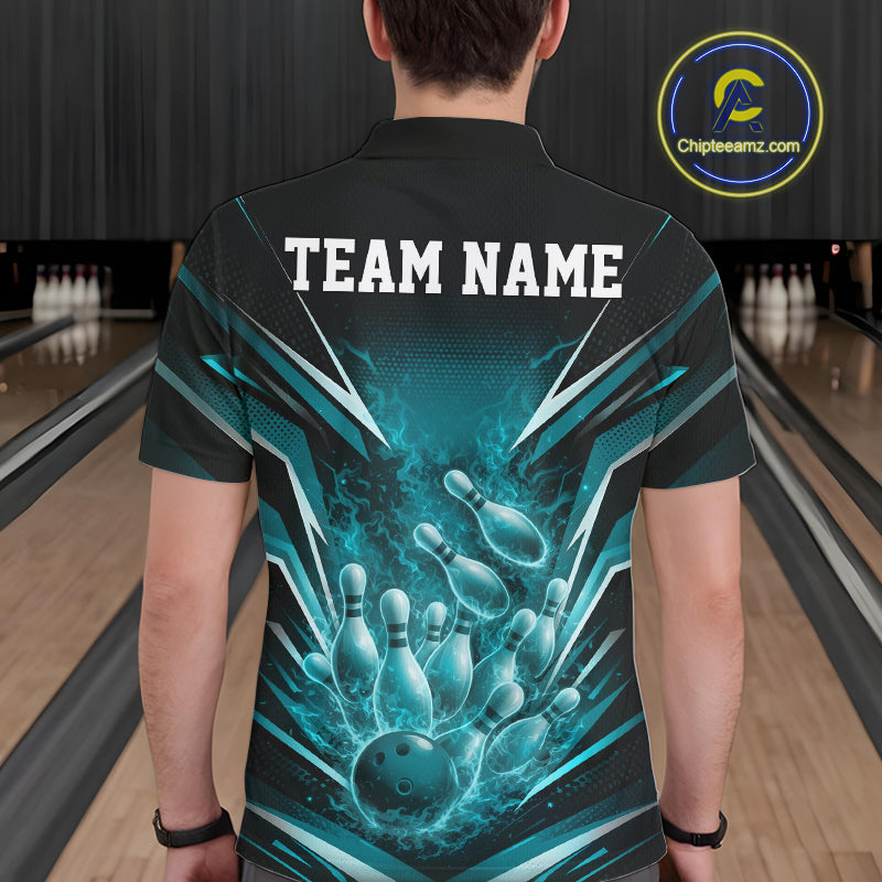 Back view of a black and turquoise blue bowling polo decorated with dynamic bowling action artwork and flames.