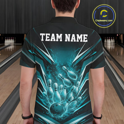 Back view of a black and turquoise blue bowling polo decorated with dynamic bowling action artwork and flames.